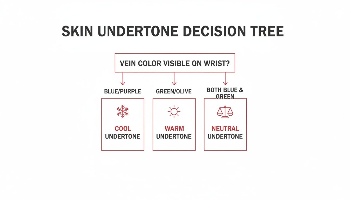 A skin undertone decision tree diagram explaining how to determine cool, warm, or neutral undertones.