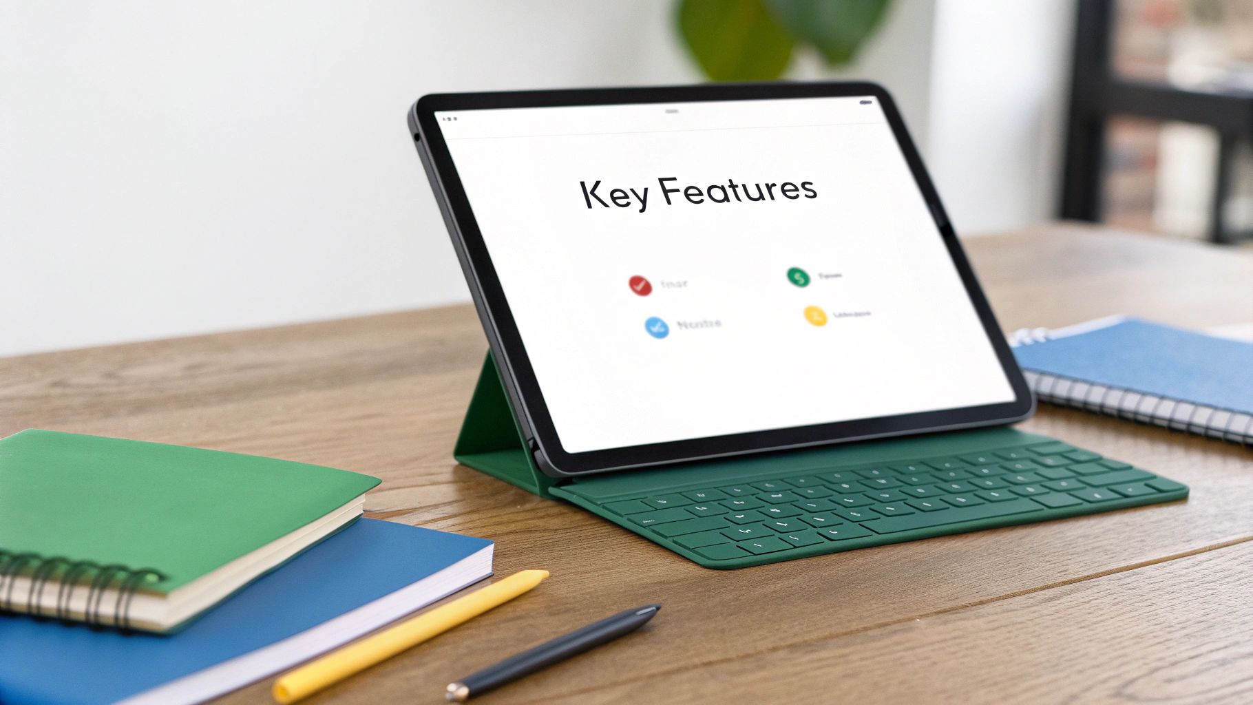 A tablet with a green keyboard case displays 'Key Features' on a wooden desk with notebooks and pens.