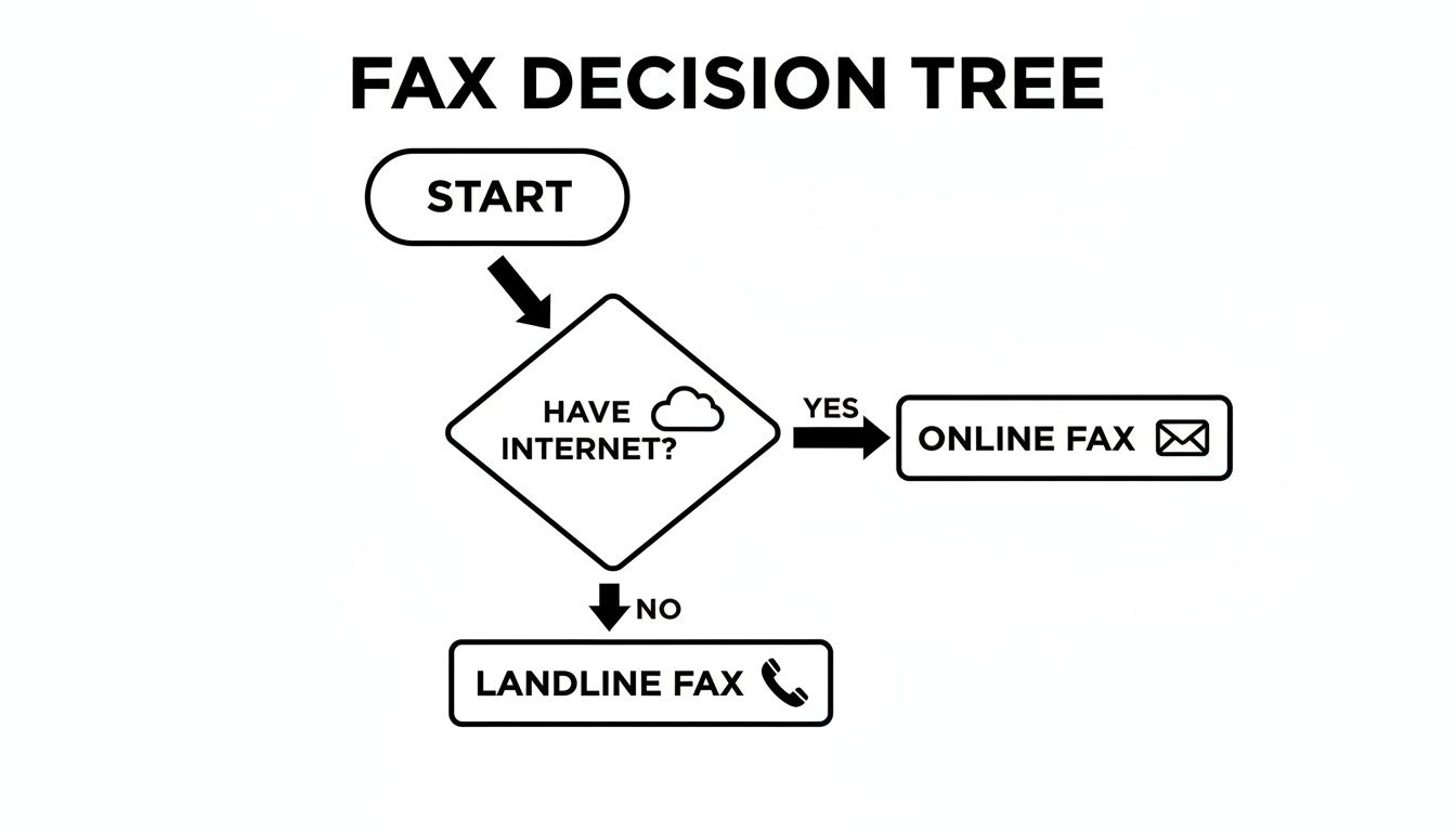 A fax decision tree flowchart outlining options: online fax if internet is available, or landline fax if not.