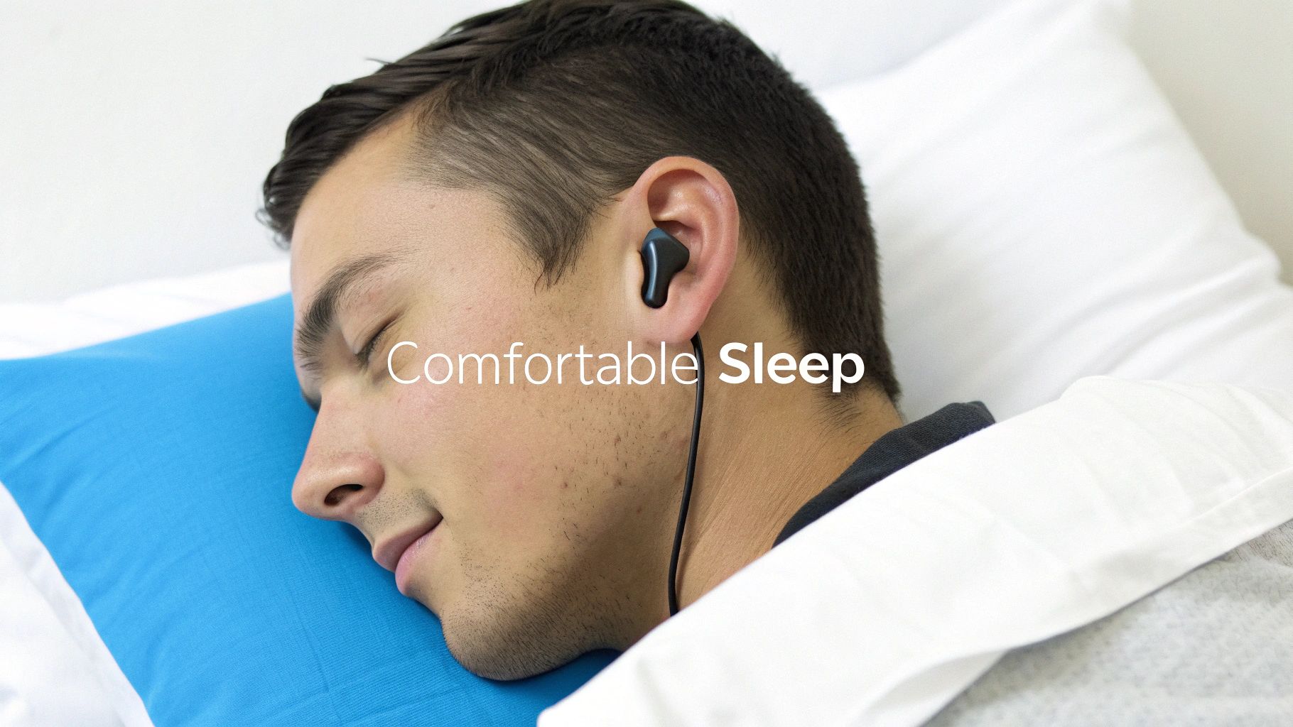 A person sleeping comfortably with headphones on in a cozy bed.