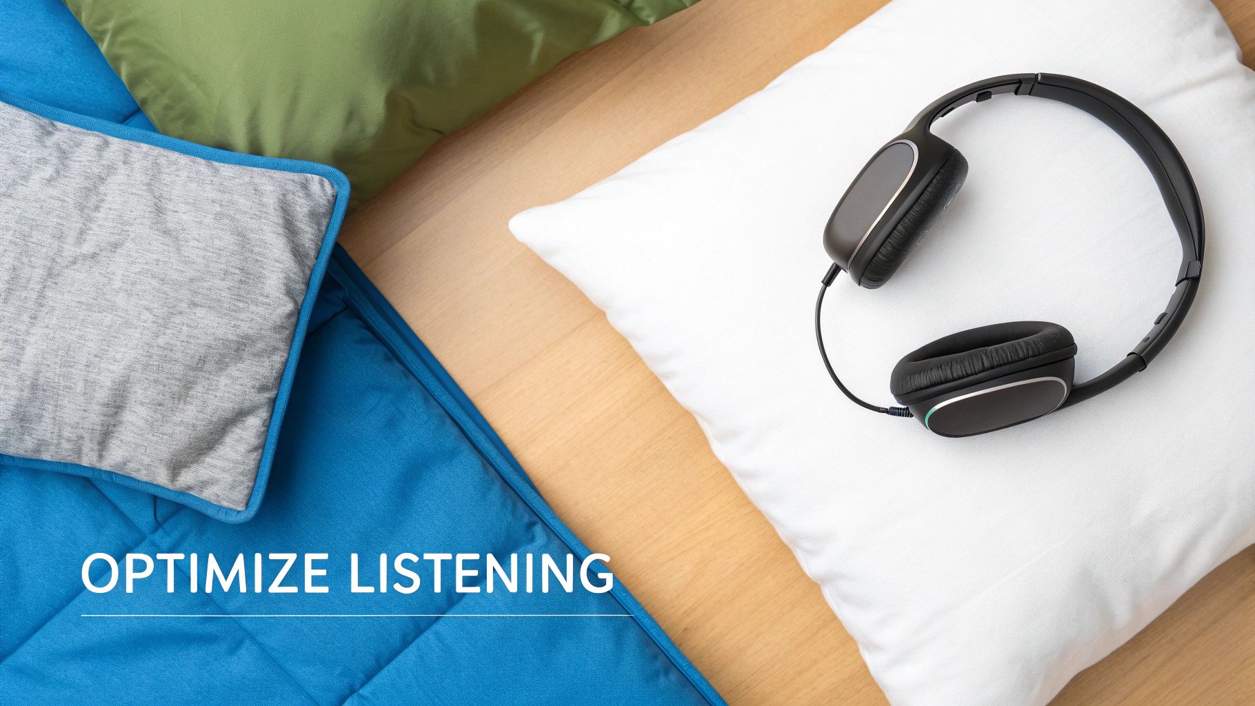 A pair of black headphones rests on a white pillow, with blue and green blankets nearby.