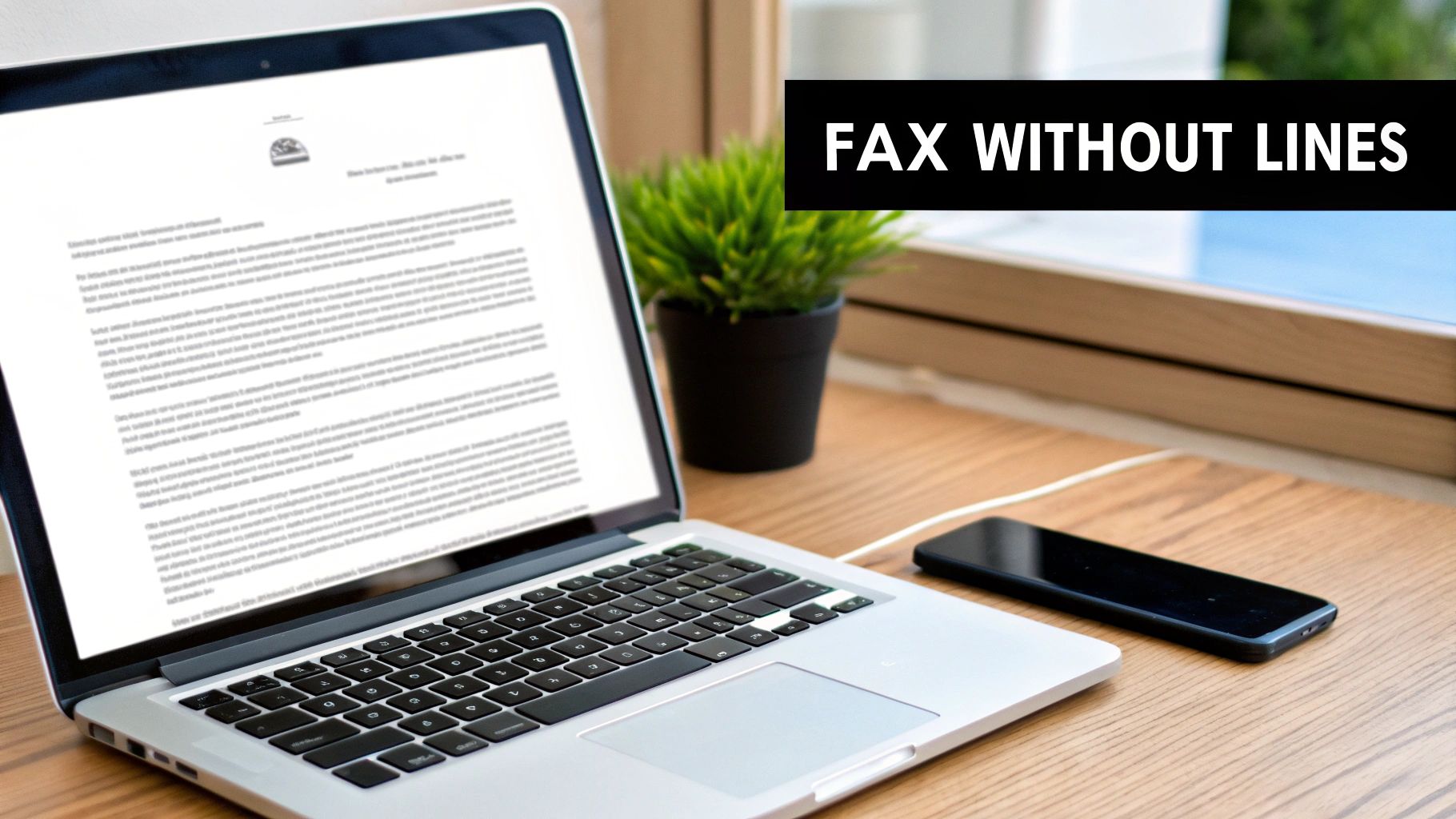 A laptop displaying a document on a wooden desk with a smartphone and plant. Banner says 'FAX WITHOUT LINES'.