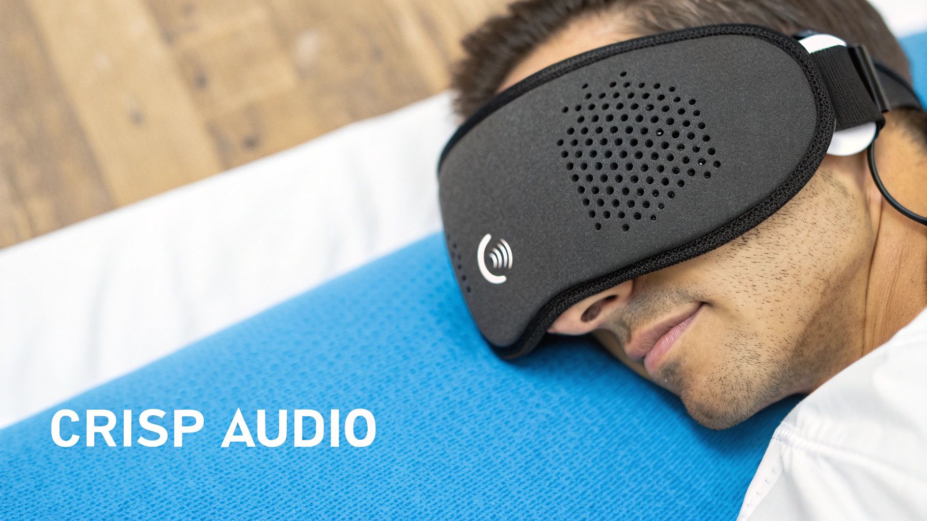 A person wearing a sleep mask with headphones and listening to audio in a relaxed setting.