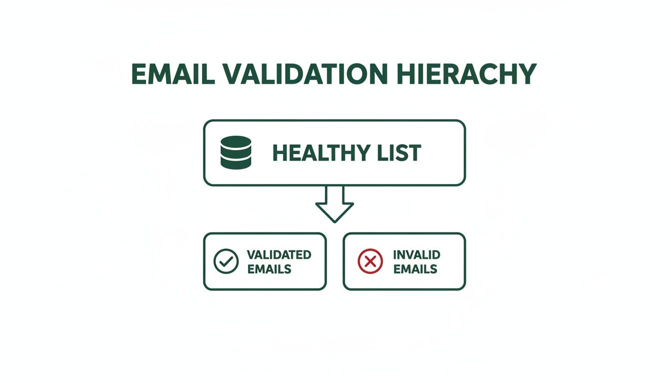 Diagram illustrating email validation hierarchy, showing a healthy list being separated into validated and invalid emails.