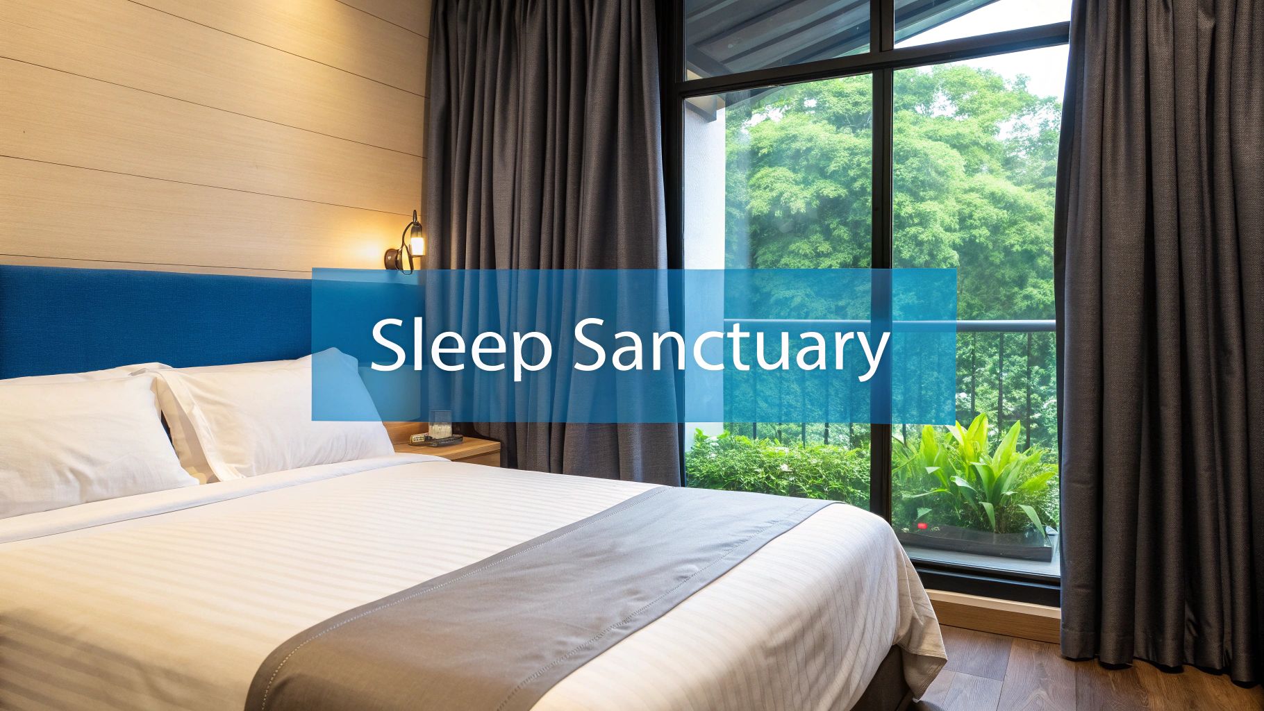 Modern hotel bedroom with white bedding, large window overlooking lush green trees, and Sleep Sanctuary text overlay
