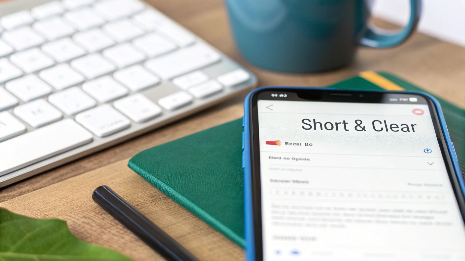 A smartphone screen shows "Short & Clear" text, next to a keyboard, mug, and green notebook.