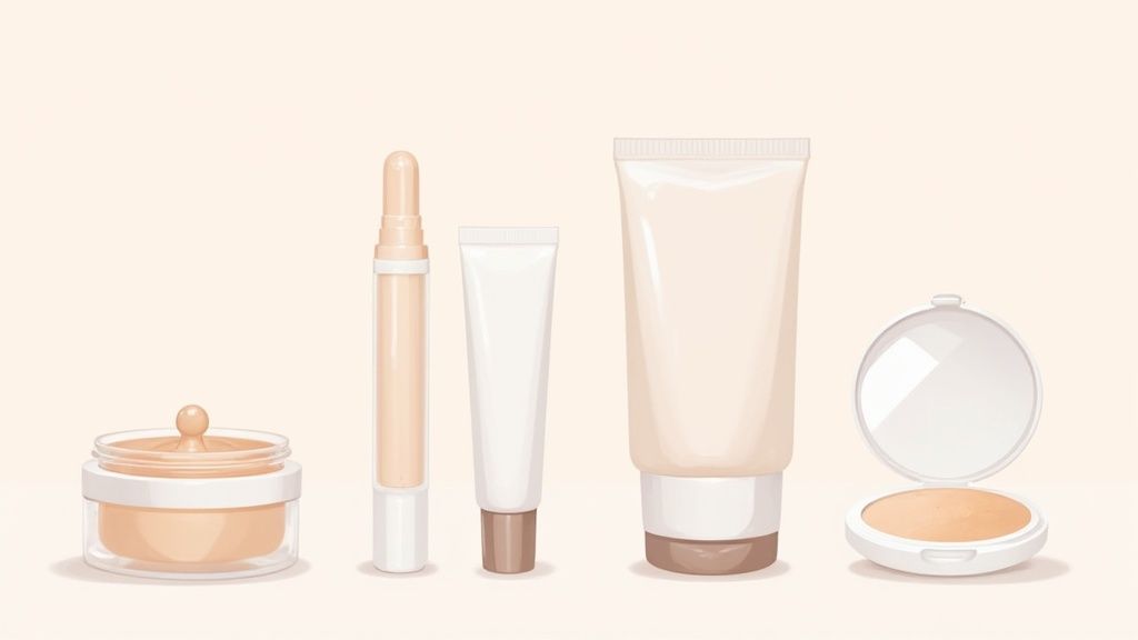 Three different color correcting products on a neutral background