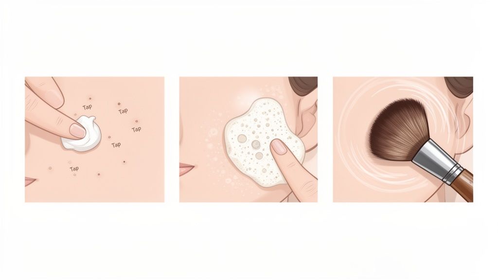 Three illustrations show applying skincare or makeup: tapping cream, sponging product, and blending with a brush.