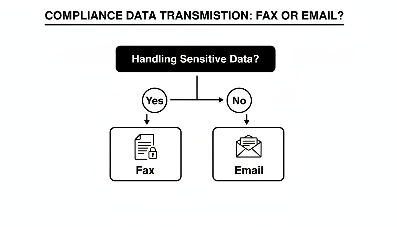 A flowchart illustrates compliance data transmission. Sensitive data requires Fax; non-sensitive data can be sent via Email.