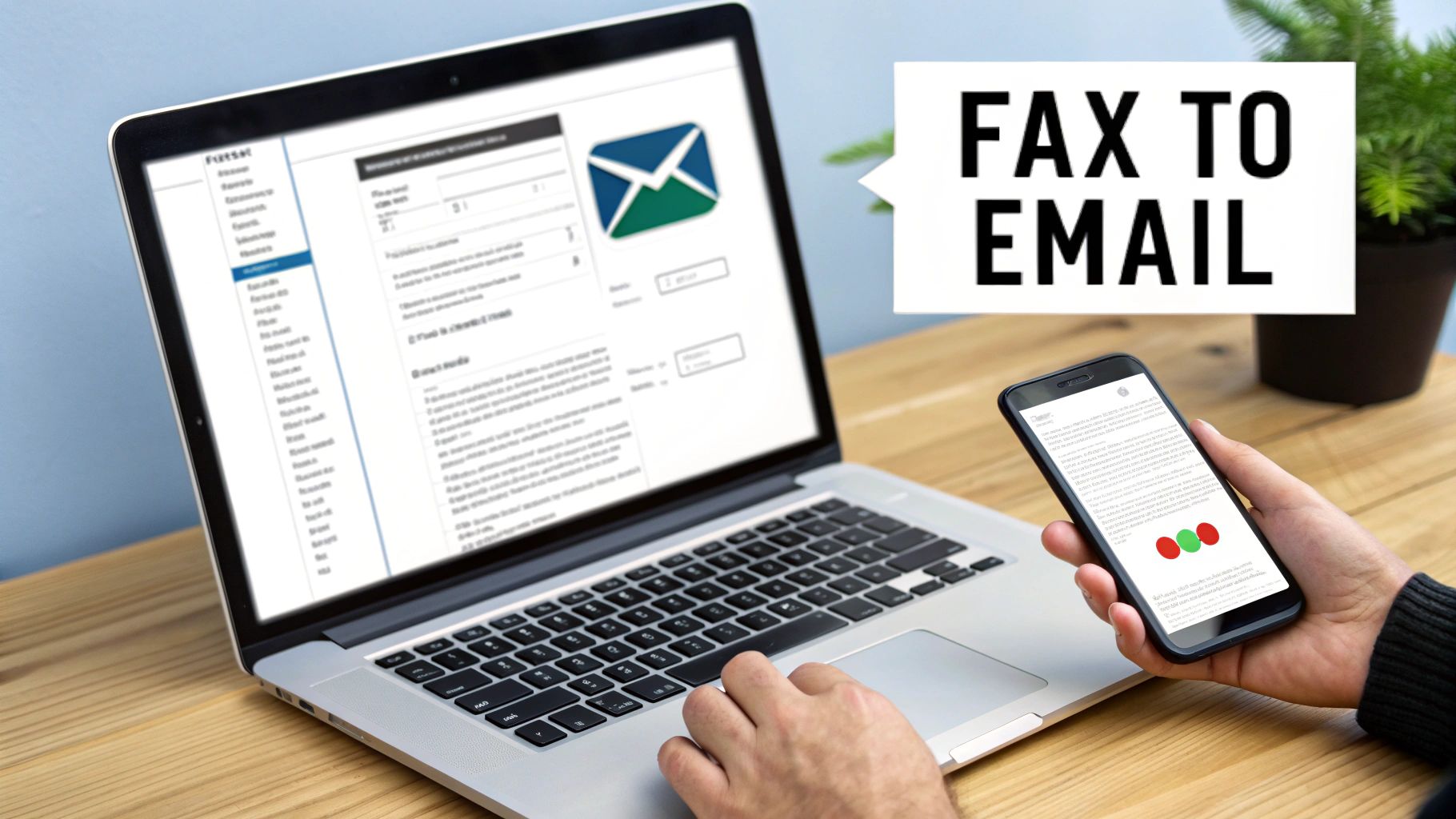 A person uses a laptop and smartphone on a wooden desk, with a 'FAX TO EMAIL' sign.