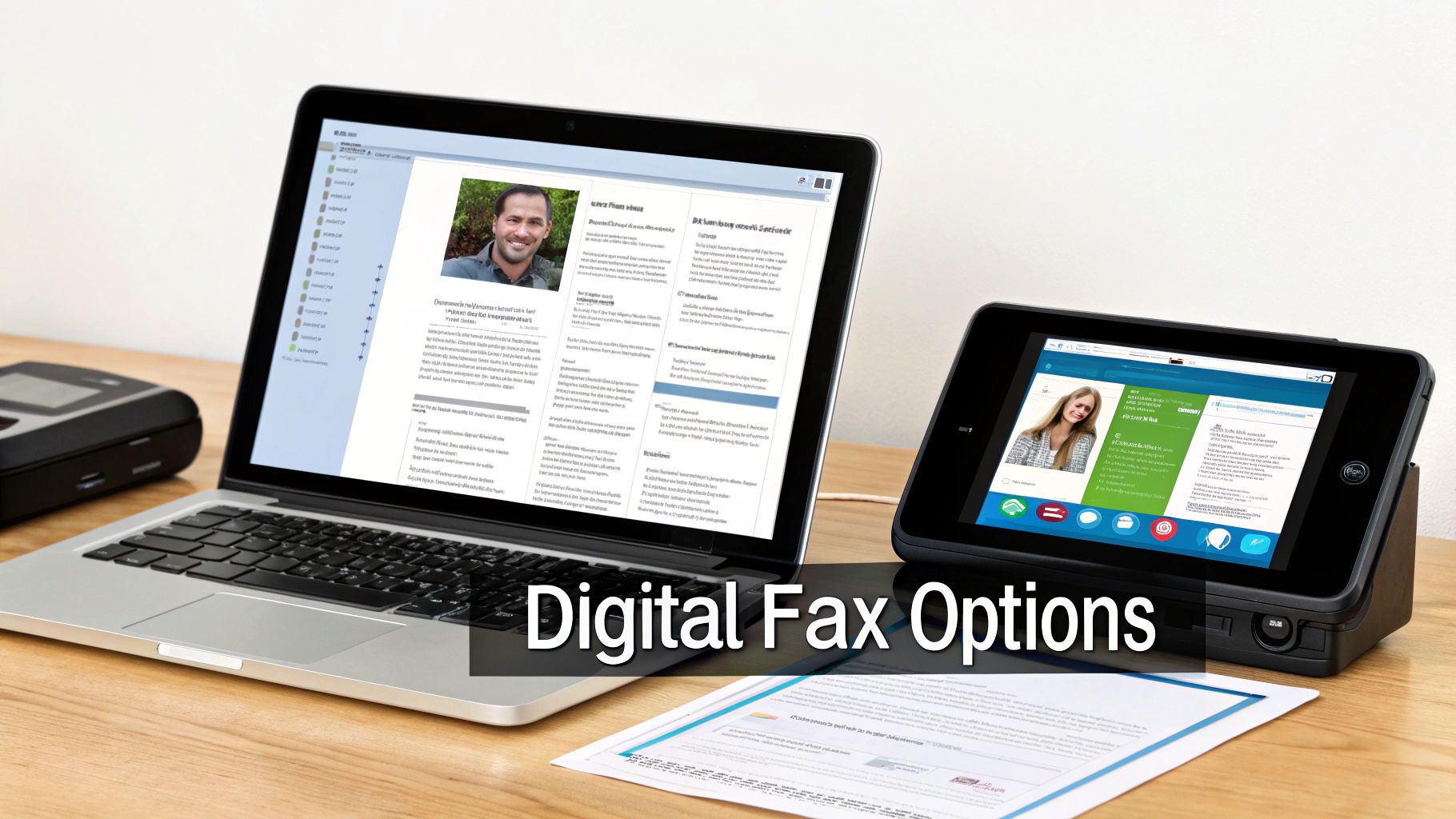 A laptop and tablet displaying digital interfaces, with 'Digital Fax Options' text on a wooden desk.