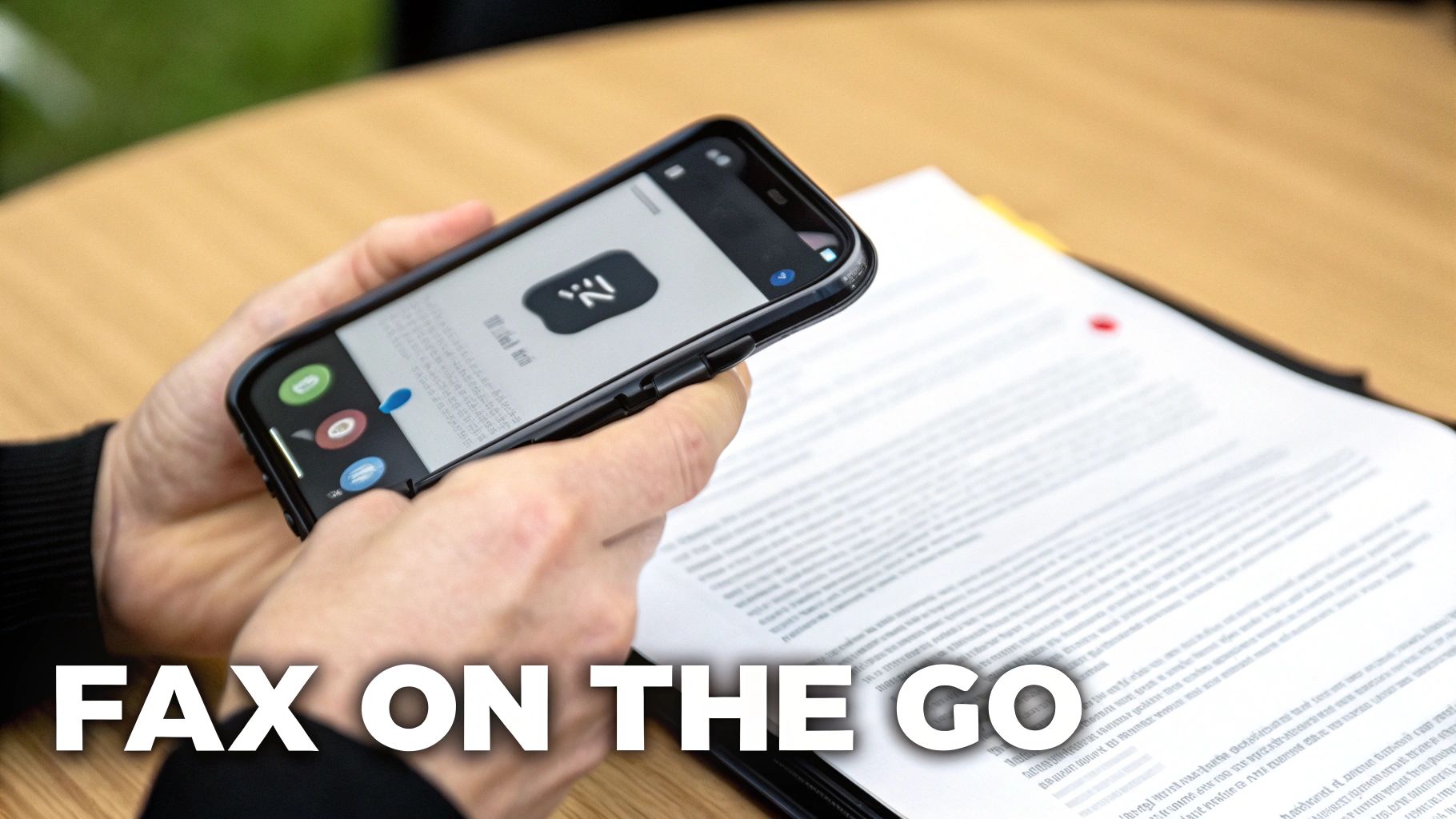 A person using their smartphone to scan and send a document, with email icons floating nearby.