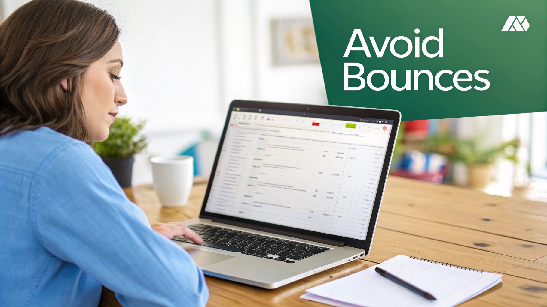 Woman working on laptop at desk with notebook and pen, overlay text says 'Avoid Bounces'.