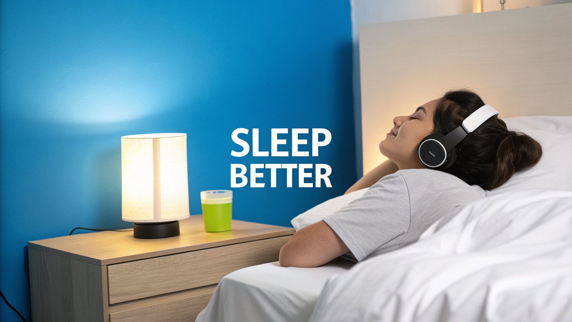 A person sleeping peacefully while wearing comfortable sleep headphones in a cozy bed.
