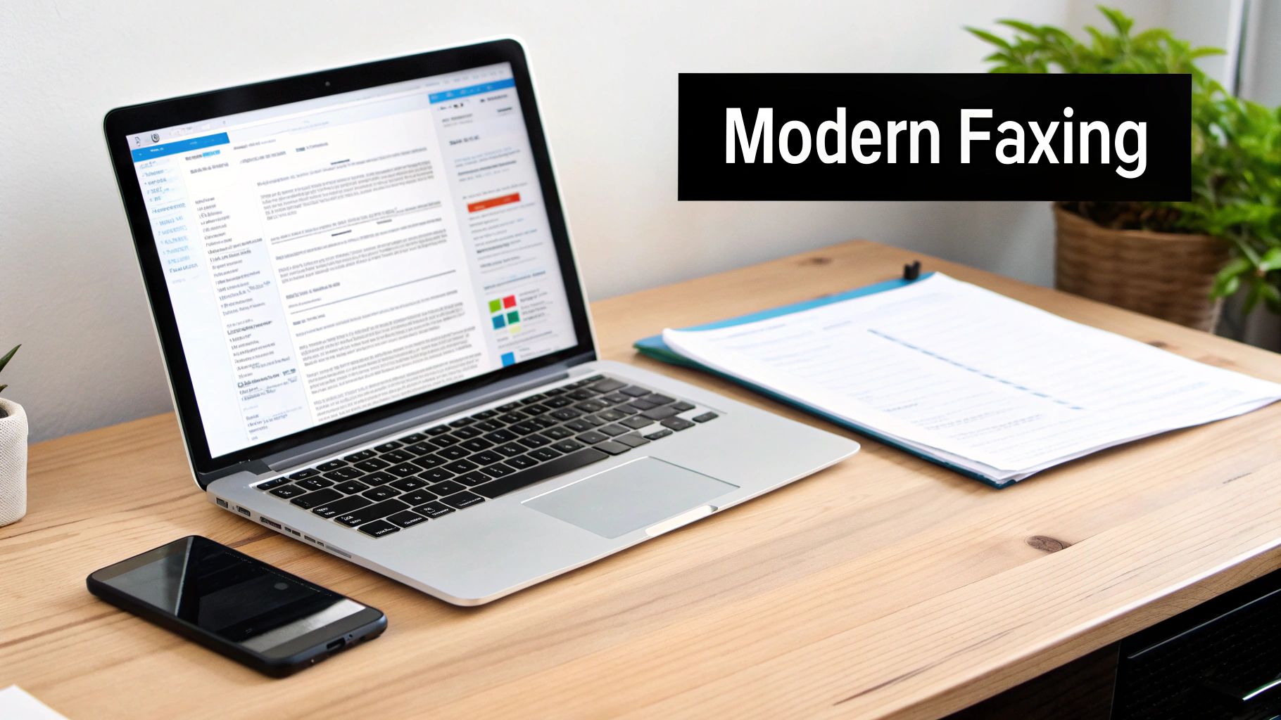 A person using a laptop to send documents, symbolizing the ease of online faxing.