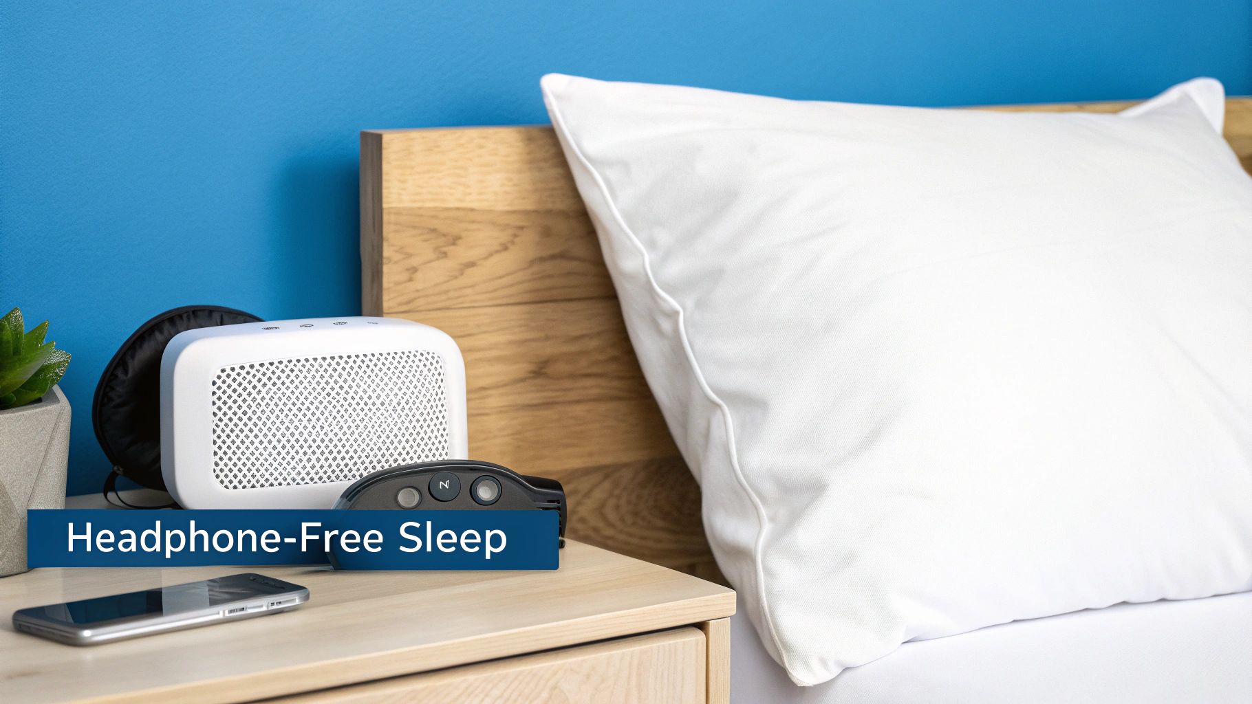 A bedside table with a white sound machine, sleep mask, remote control, and smartphone, next to a white pillow for headphone-free sleep.