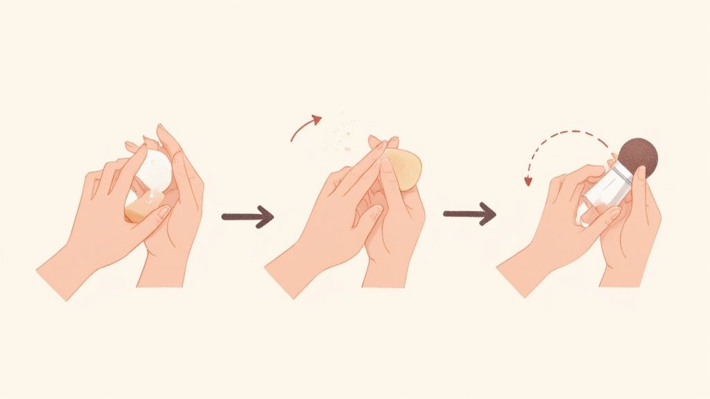 Step-by-step tutorial showing how to apply liquid foundation with a makeup sponge
