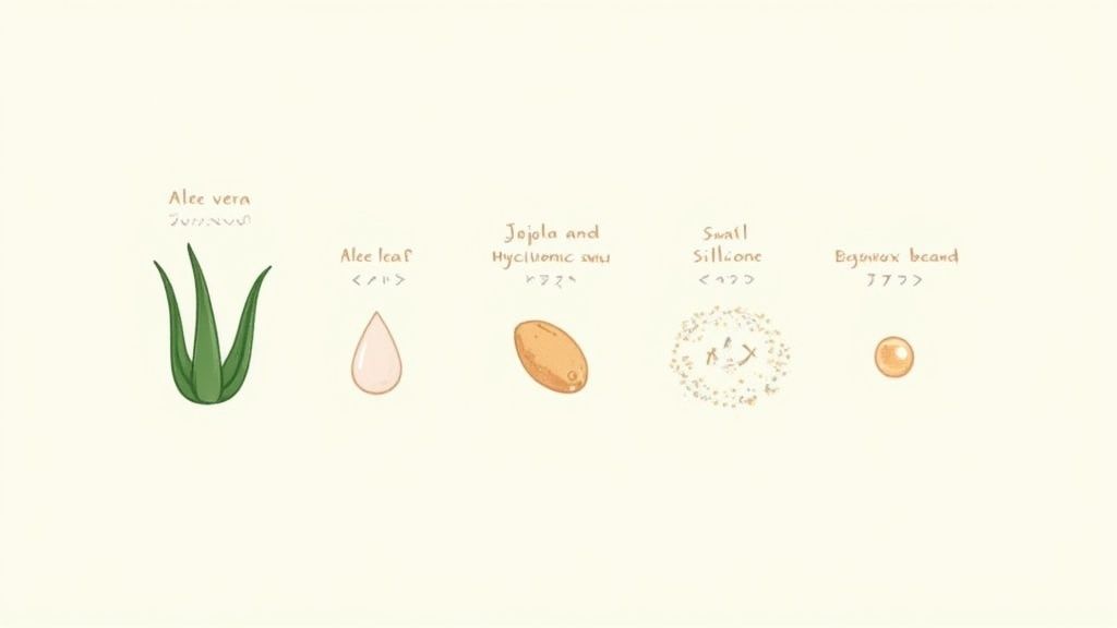 Illustration of five cosmetic or skincare ingredients: aloe vera, aloe leaf, jojoba seed, small silicone, and equinox bead.