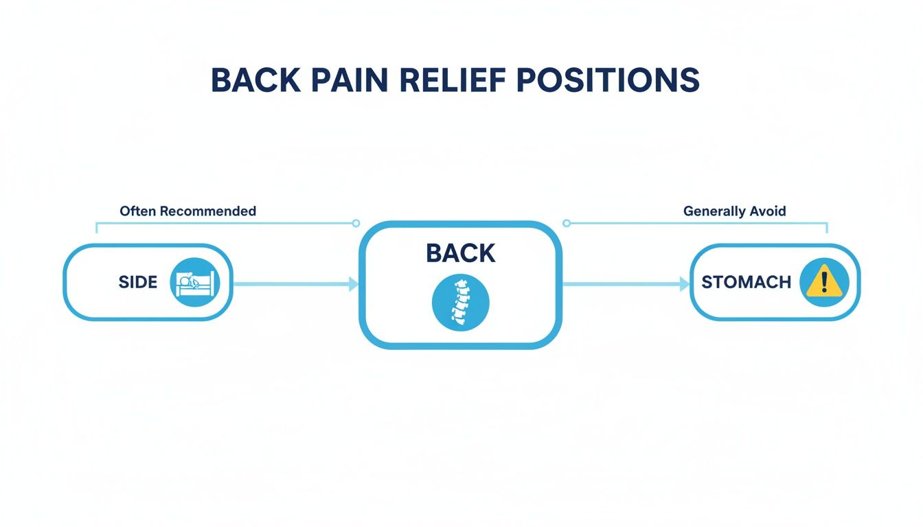 Infographic showing back pain relief sleeping positions: side and back are often recommended, stomach is generally avoided.