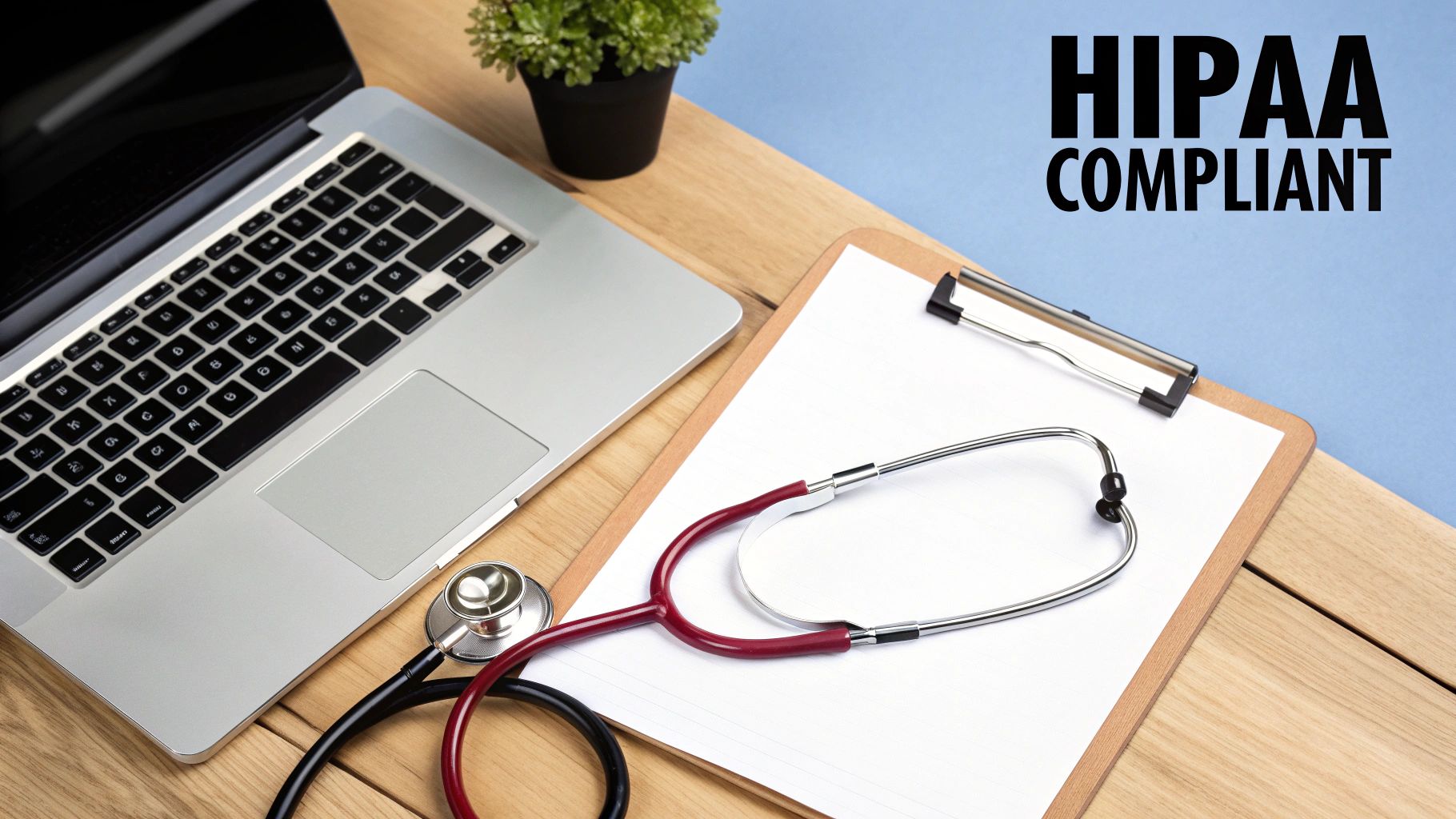 Overhead view of a medical professional's desk with a laptop, stethoscope, and 'HIPAA COMPLIANT' sign.