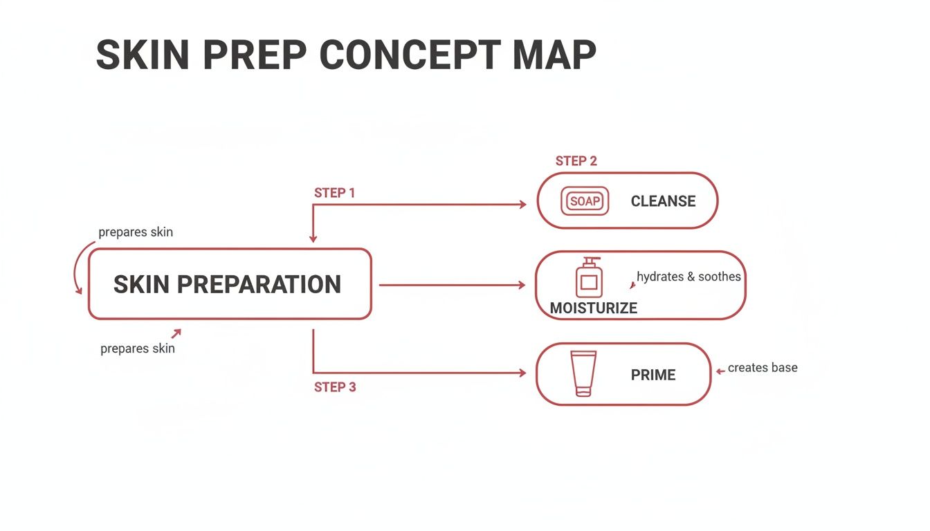 A concept map illustrating the three main steps of skin preparation: cleanse, moisturize, and prime.