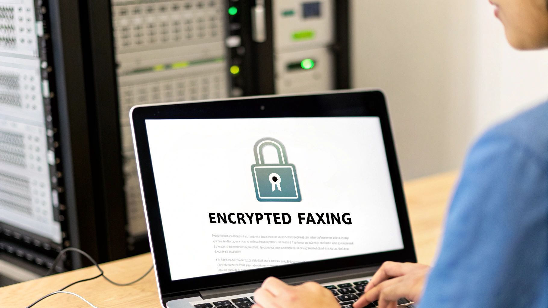A person uses a laptop displaying 'ENCRYPTED FAXING' with a padlock icon, in a server room.