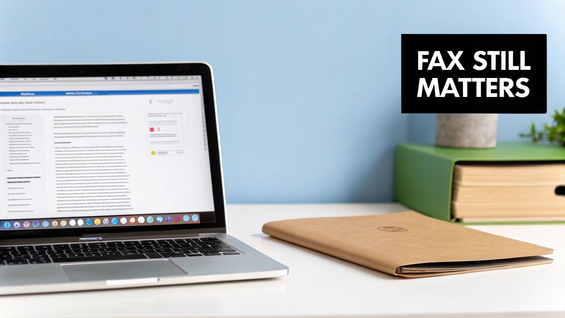 A modern workspace with a laptop, brown folder, and text 'FAX STILL MATTERS' on a blue wall.