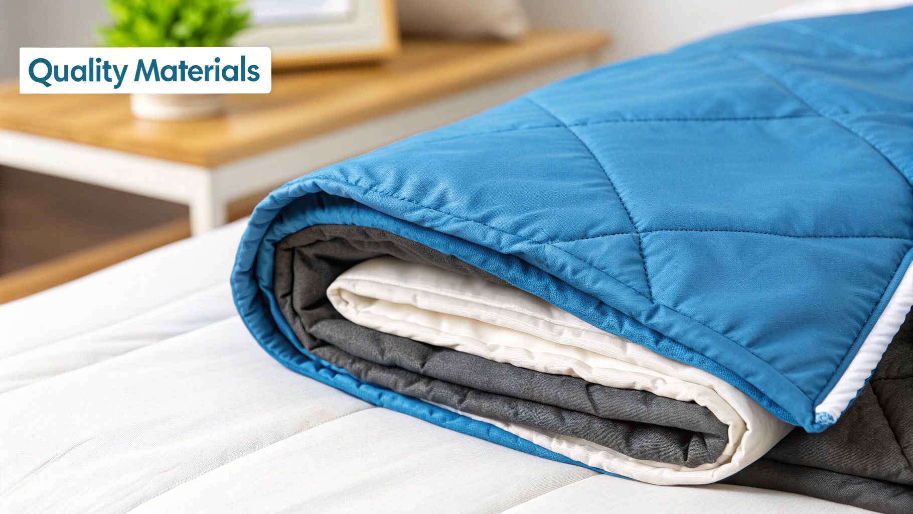 Close-up shot of the corner of a high-quality weighted blanket, showing the detailed stitching and the texture of the fabric.