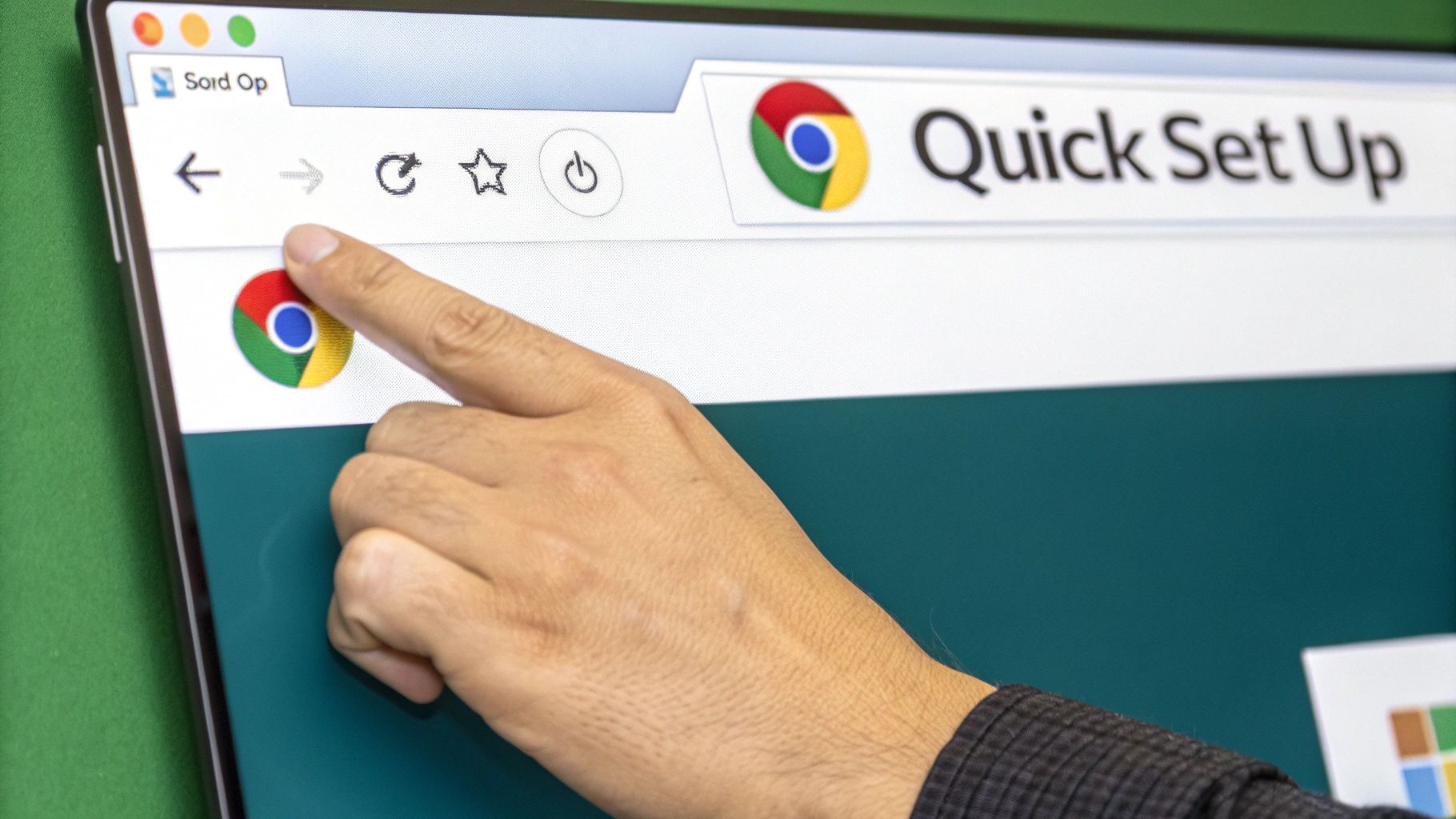 A person's hand points to a Chrome web browser displaying 'Quick Set Up' on a laptop.