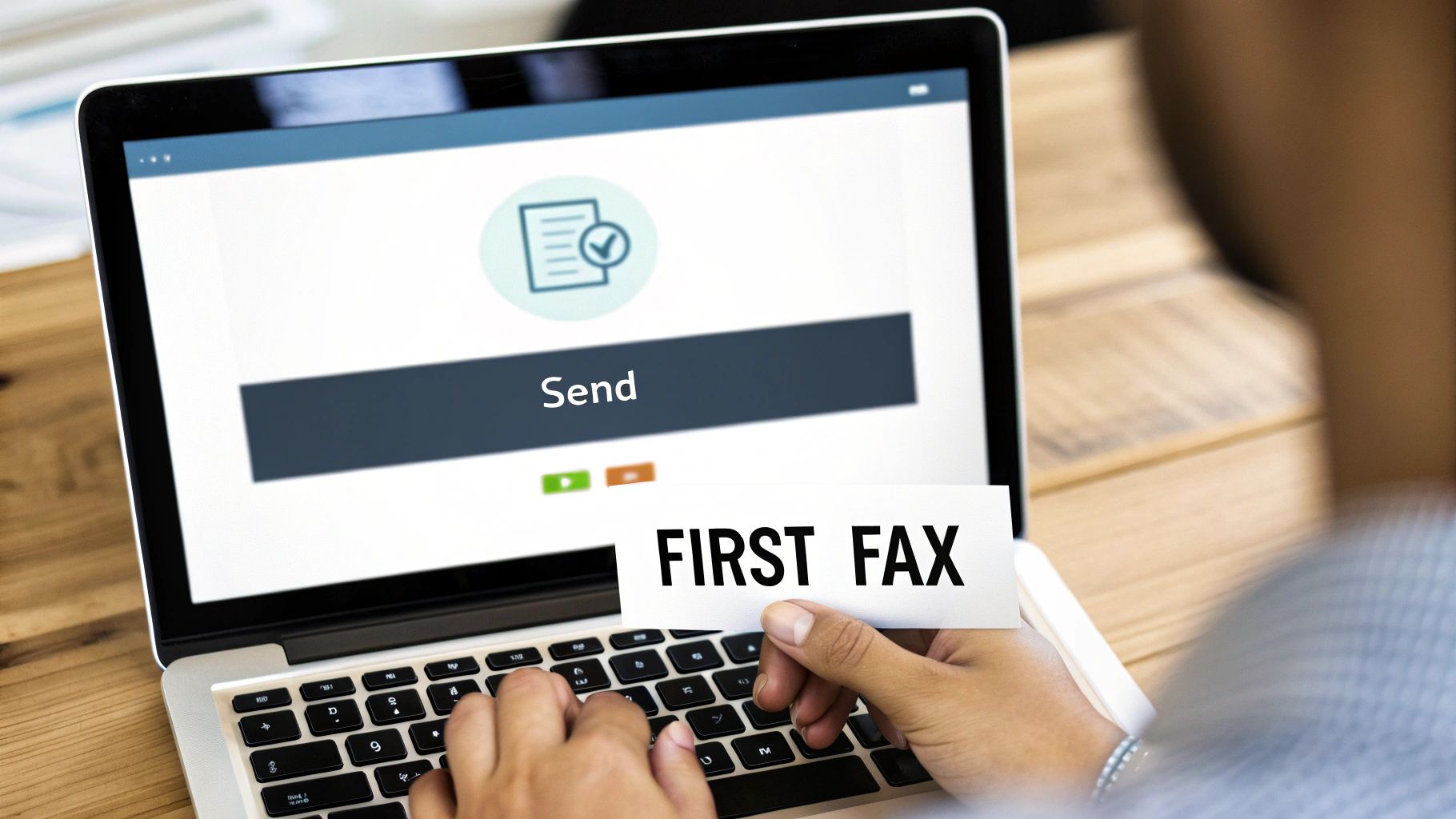 Person using a laptop to send their first fax, with 'Send' on screen and 'FIRST FAX' on a paper.