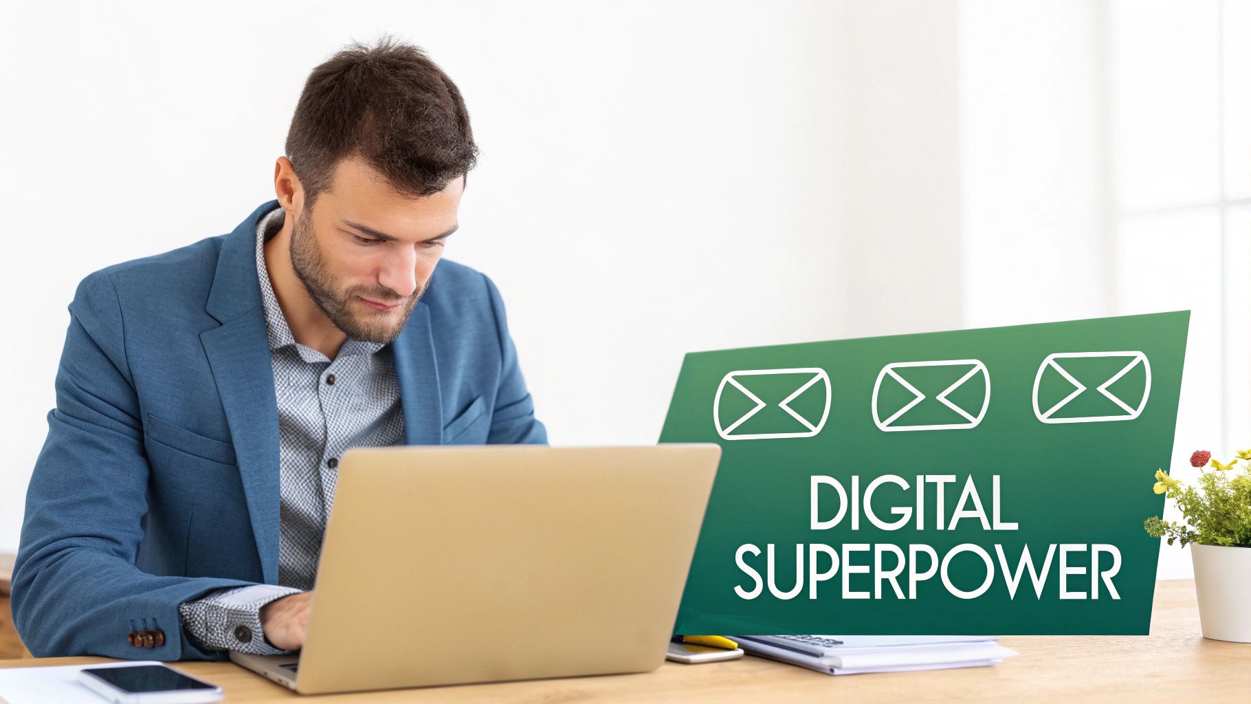 A man in a blue blazer works on a laptop, with a green sign saying "DIGITAL SUPERPOWER" and email icons.
