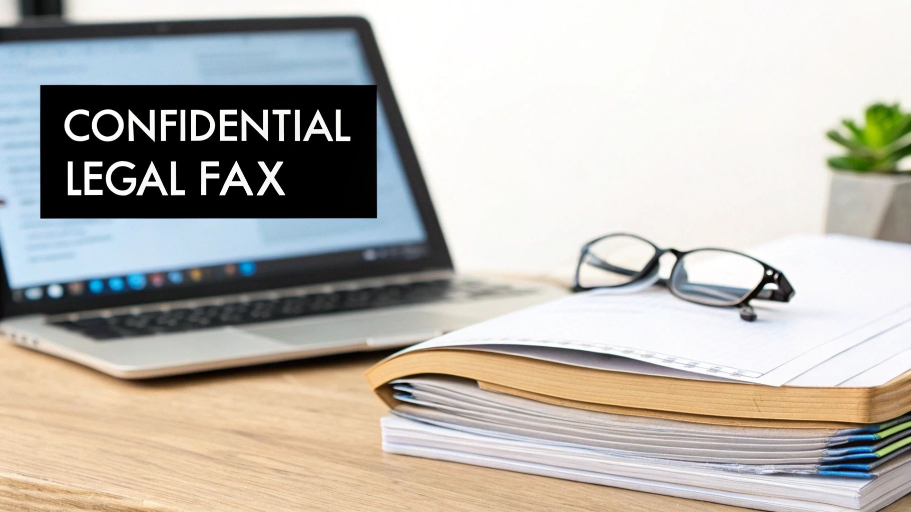 A legal desk with a laptop, stacked documents, glasses, and a plant, featuring a 'CONFIDENTIAL LEGAL FAX' banner.