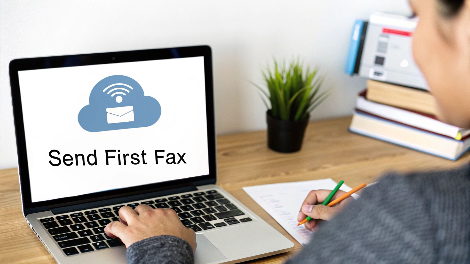Person typing on a laptop displaying 'Send First Fax' with a cloud icon, symbolizing online faxing.