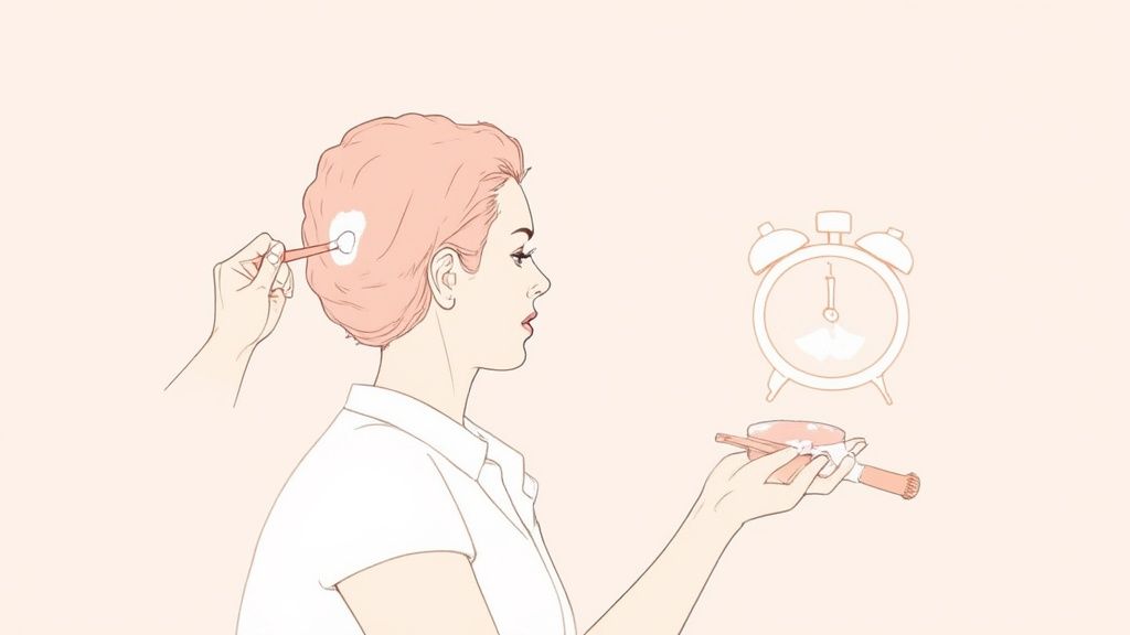 A woman gets a white product applied to her hair, holding a bowl with applicator.