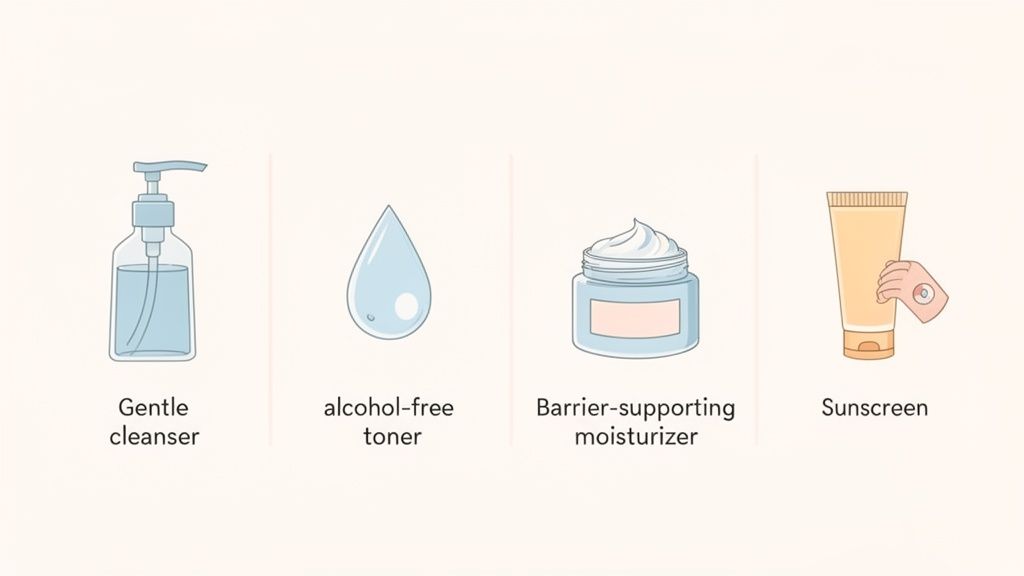 Four essential skincare products: gentle cleanser, alcohol-free toner, moisturizer, and sunscreen.