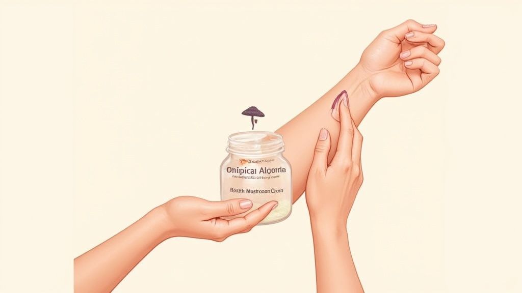 A flat lay of various skincare products including serums and creams on a clean, minimalist background
