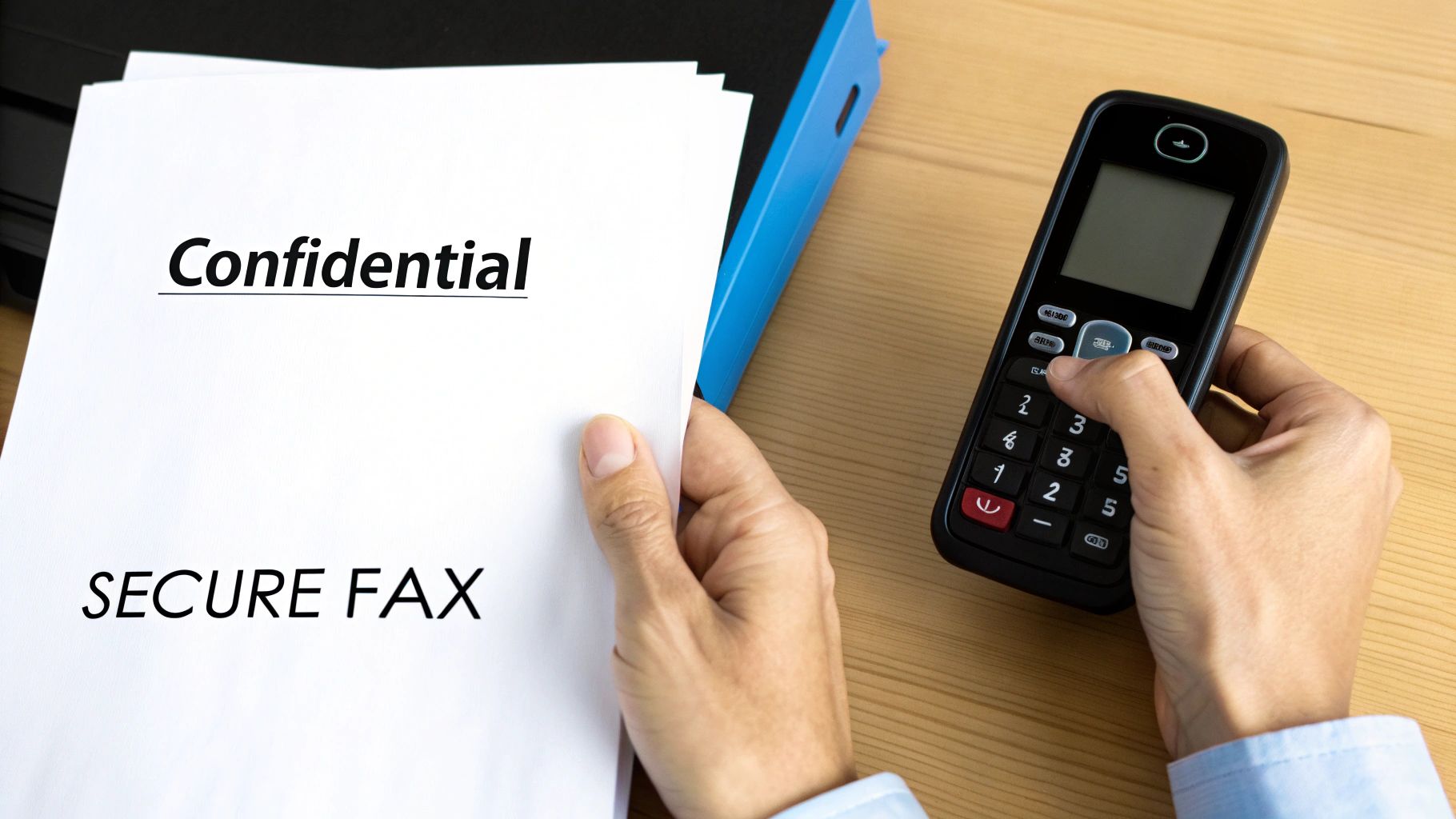 Hands holding a 'Confidential SECURE FAX' document and operating a phone-like device for secure communication.