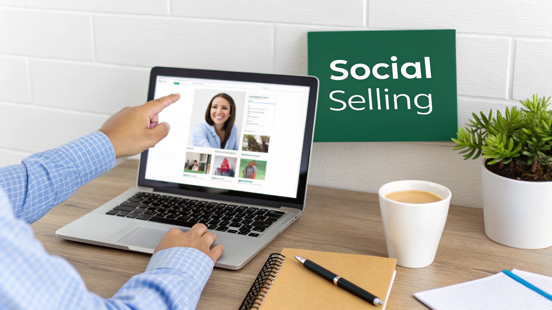 A person's hand pointing at a laptop screen displaying a social media profile, with a 'Social Selling' sign on the wall.