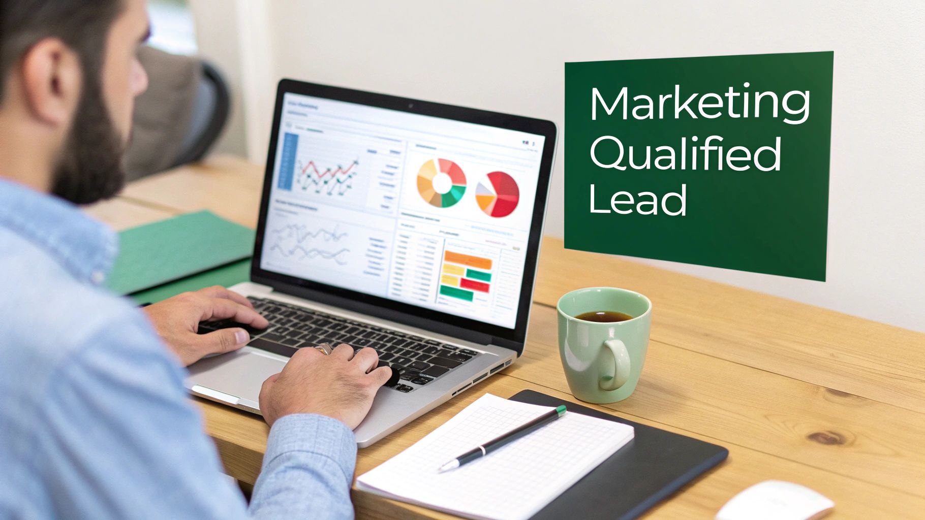 A person analyzing data on a laptop, with a green sign saying 'Marketing Qualified Lead' on the wall.