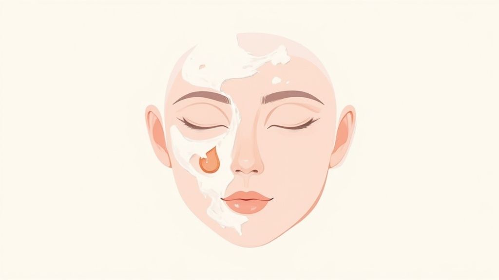 A woman applying primer to her face with her fingers, showing the start of a long-lasting makeup routine.