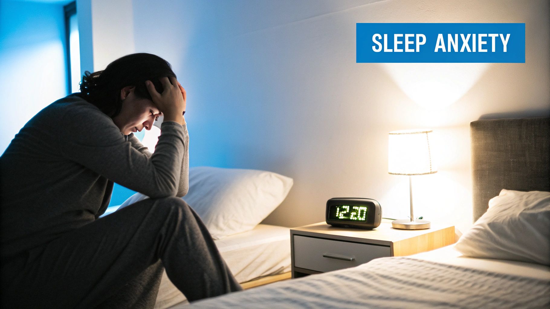 Distressed person sitting on bed at 12:20 AM, struggling with sleep anxiety and insomnia.