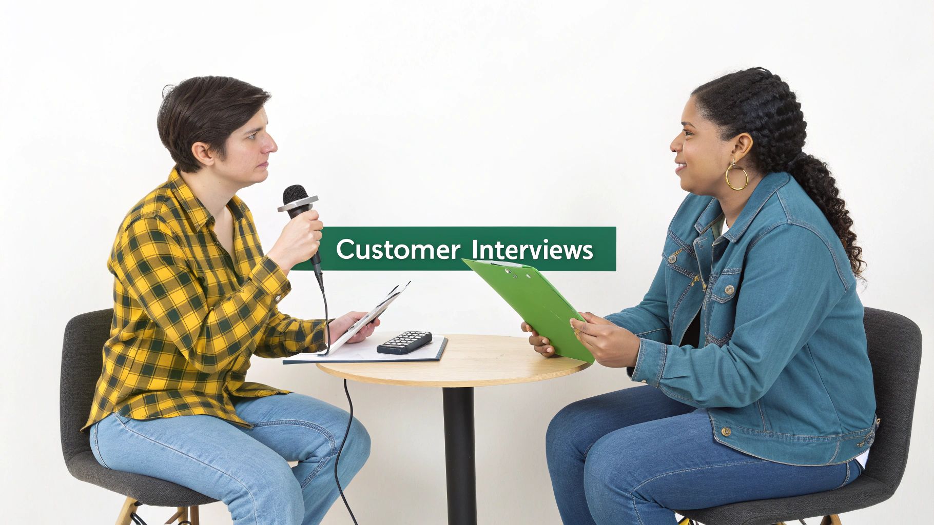Two women engaged in a customer interview, with one holding a microphone and the other a clipboard.