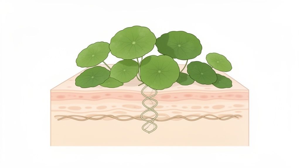 Centella Asiatica plants illustrated growing on and within layers of human skin.