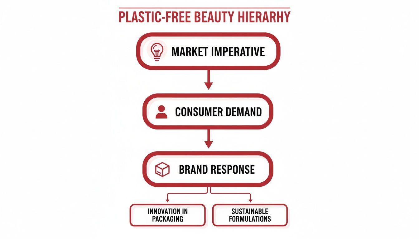 Plastic-free beauty hierarchy flowchart: market imperative, consumer demand, and brand response with packaging innovation and sustainable formulations.
