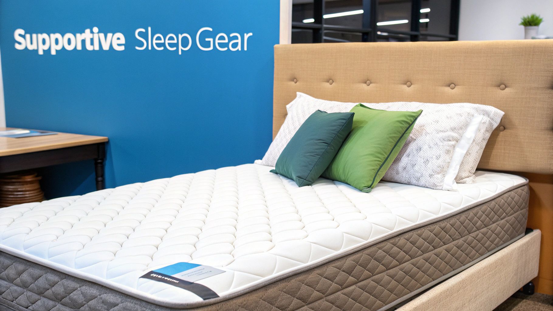 A comfortable bed featuring a white quilted mattress, two green pillows, and a tan headboard in a sleep gear showroom.