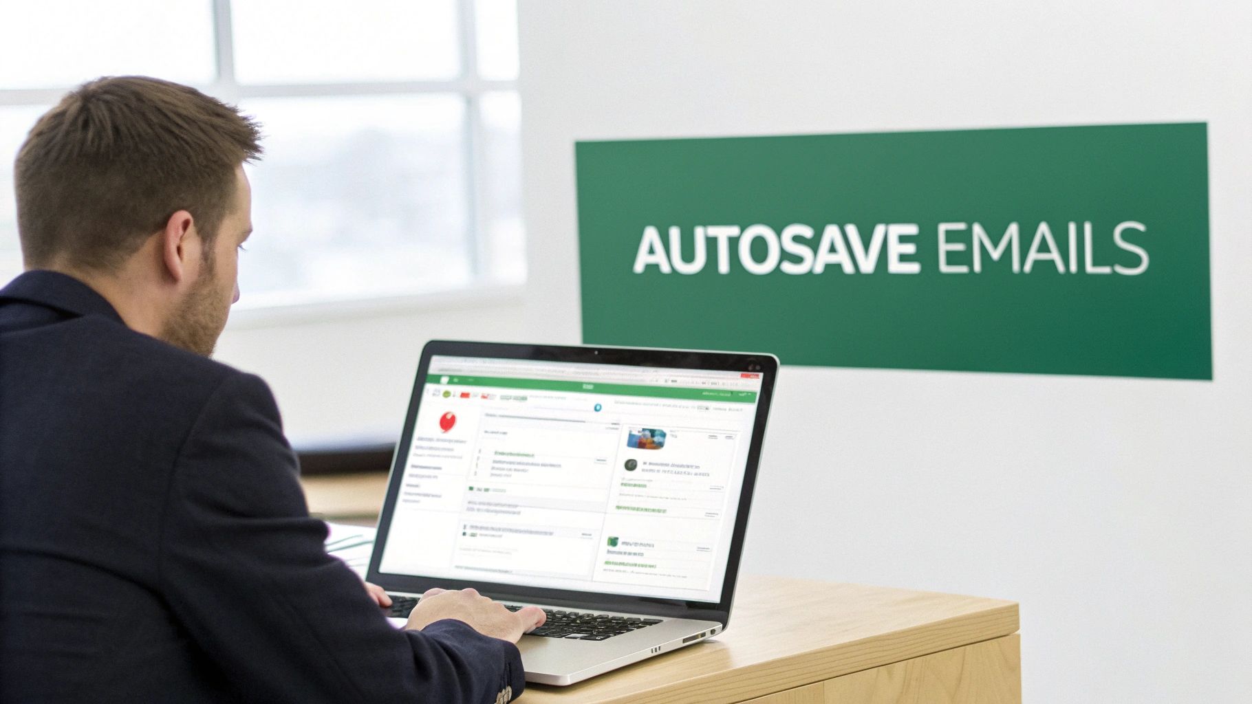 Rear view of a man typing on a laptop with an 'AUTOSAVE EMAILS' sign on the wall.