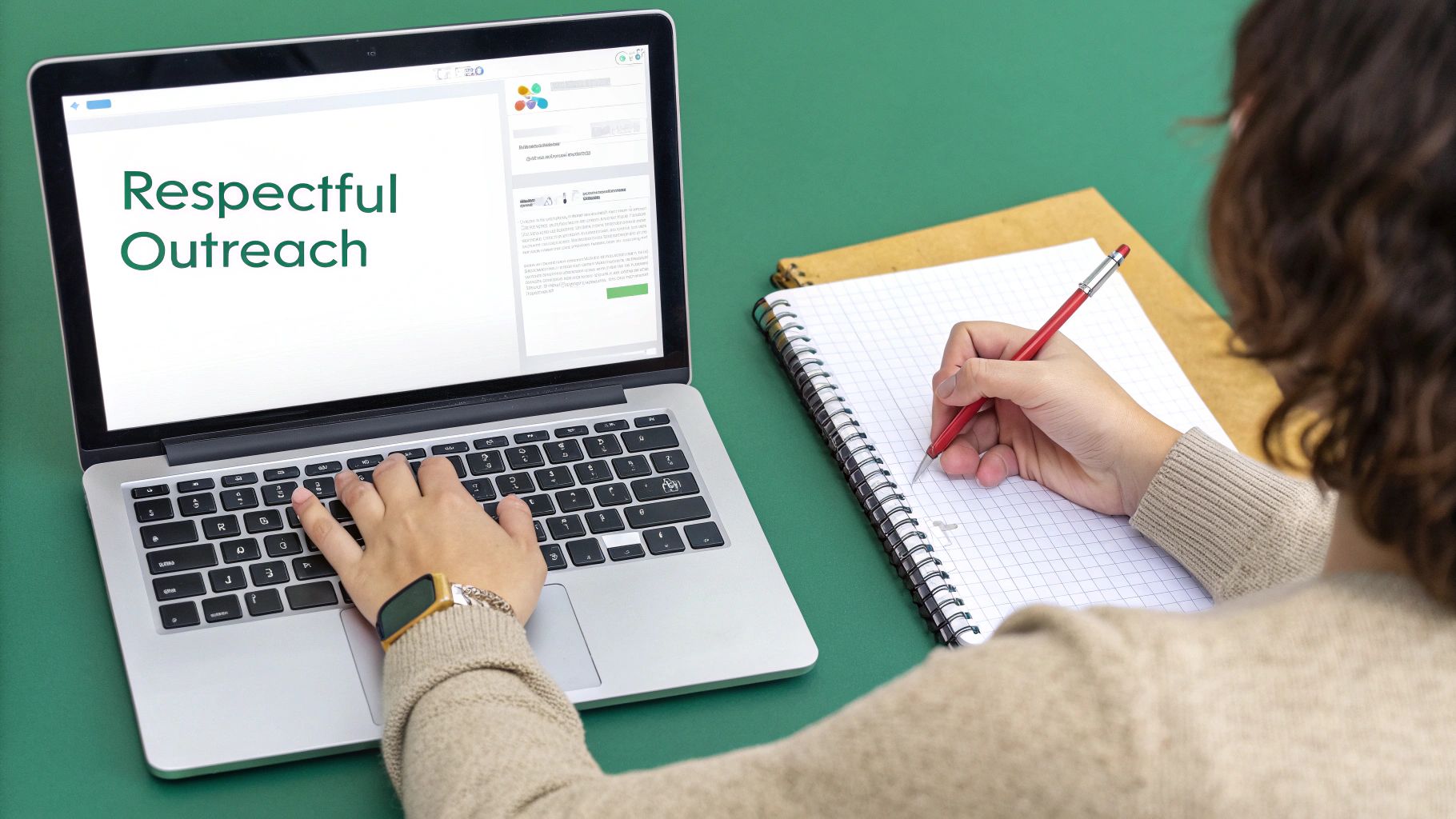A person writing a thoughtful email on a laptop, with a warm and professional office setting in the background.