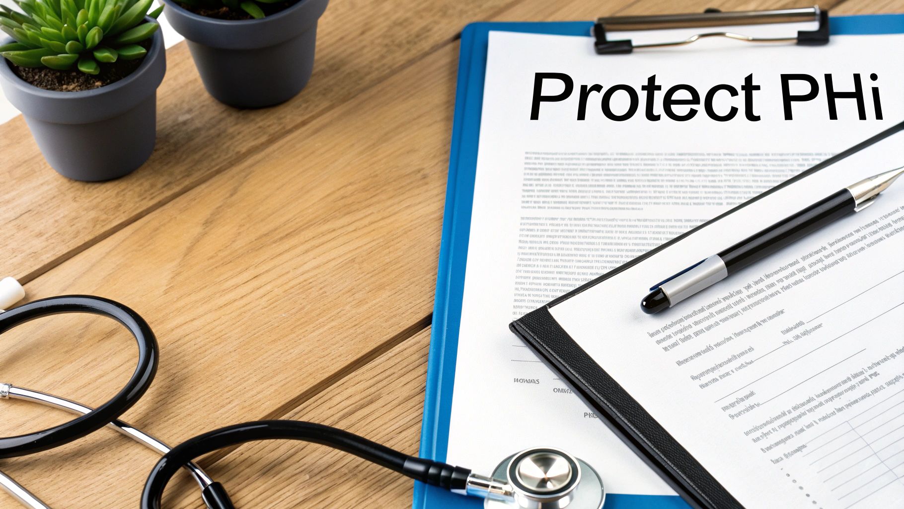 A clipboard with a document titled 'Protect PHI,' a pen, and a stethoscope on a wooden desk, emphasizing data privacy.