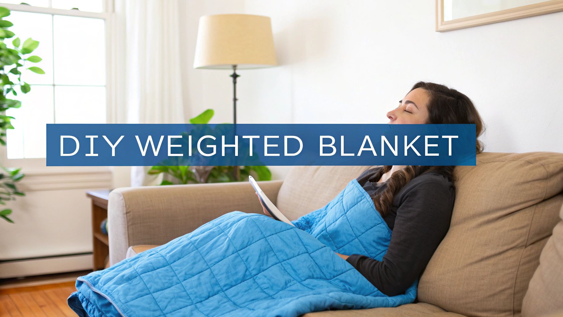 A woman relaxing on a couch under a blue DIY weighted blanket with closed eyes.