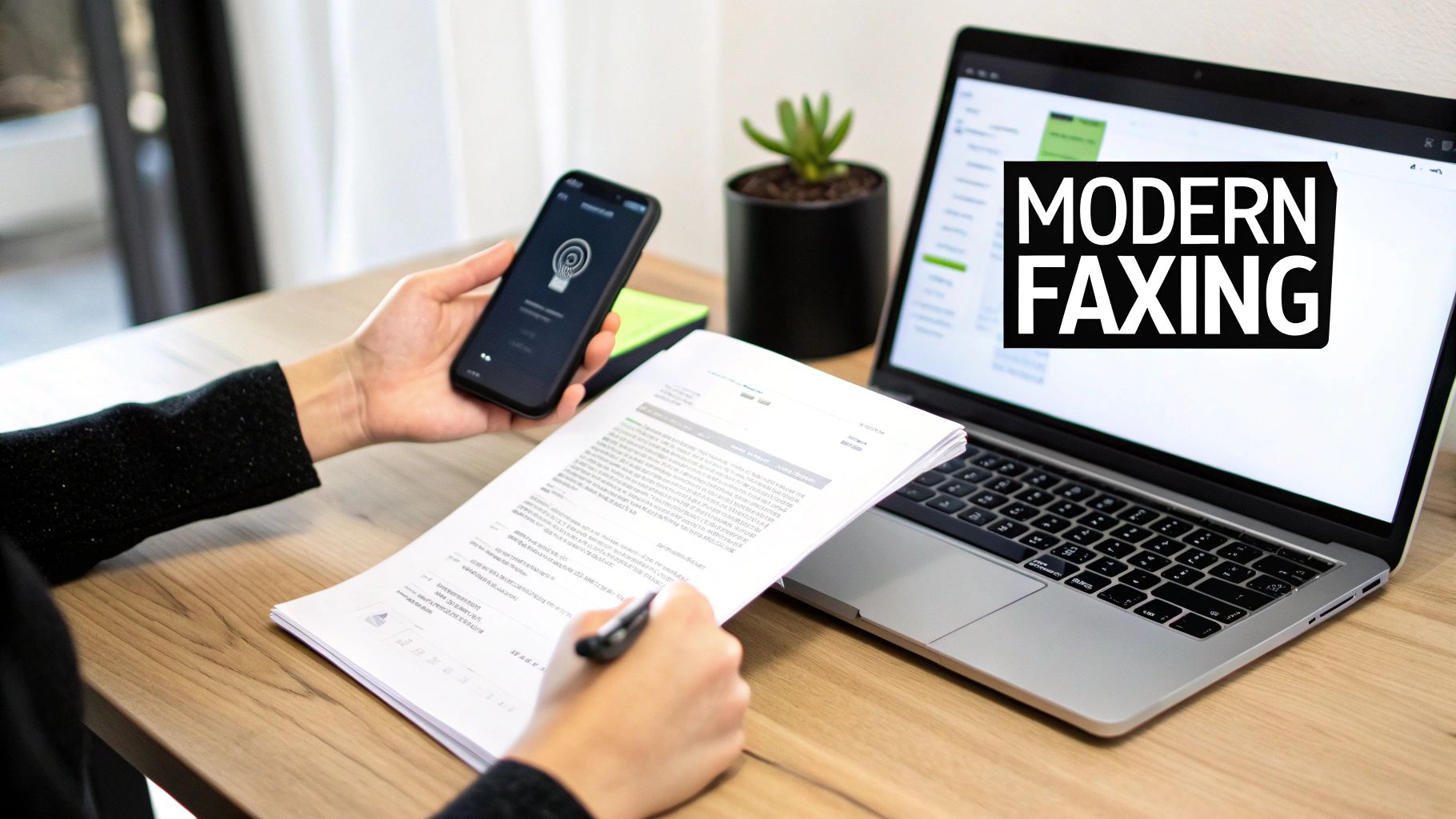 A person uses a smartphone and signs documents next to a laptop displaying 'MODERN FAXING'.